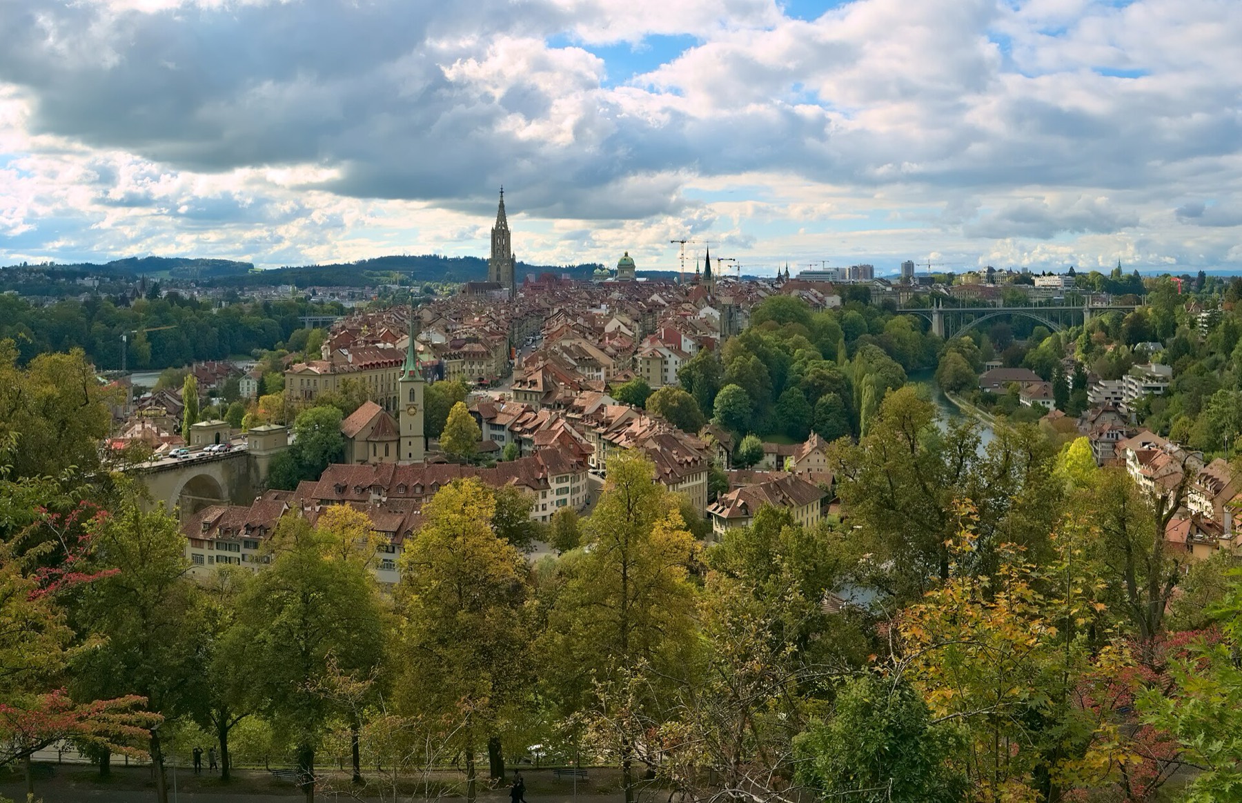 Bern old town seen from the Rosengarten, the Aare curving around it